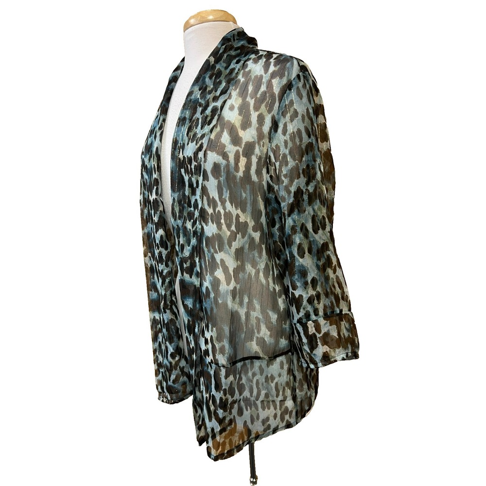 Chico's SZ 2 Open Cardigan/Coverup Sheer Georgette Blue Brown Gold Animal Print - Picture 4 of 11